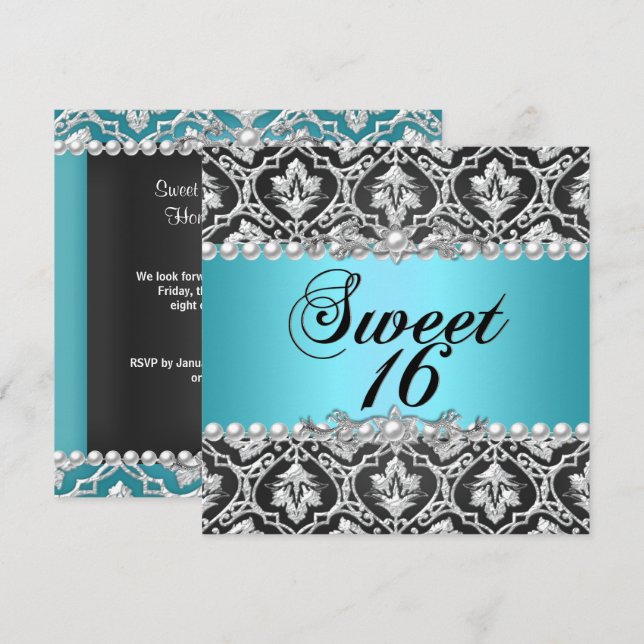 Söt 16 Sexton Blå Teal Aqua Svart Silver Inbjudningar (Fram/baksida)