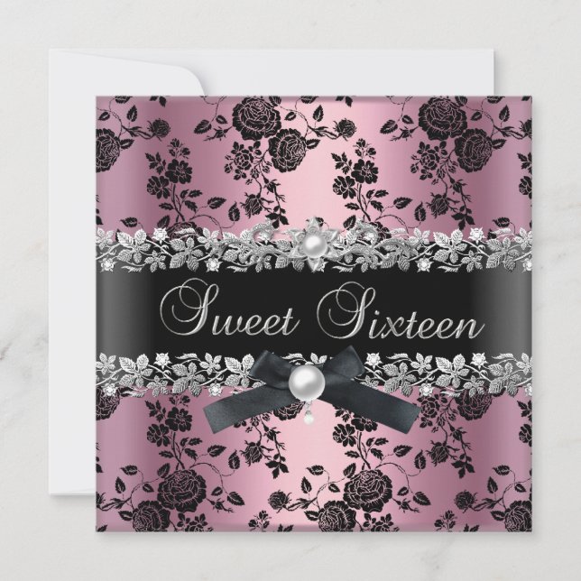Söt 16 sexton Damask rosa svart silver Blommig Inbjudningar (Framsida)