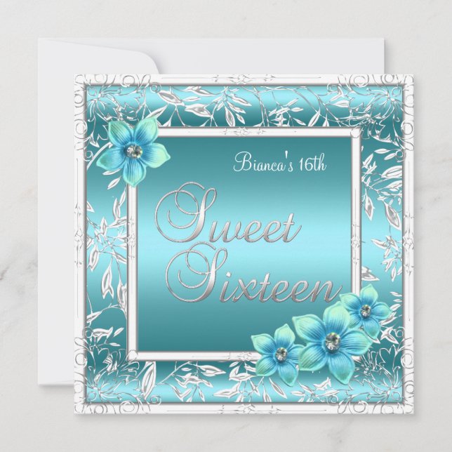 Söt 16 Sexton Födelsedag Teal Blå Blomma Silver Inbjudningar (Framsida)