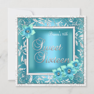 Söt 16 Sexton födelsedag Teal Blå Blomma Silver Inbjudningar