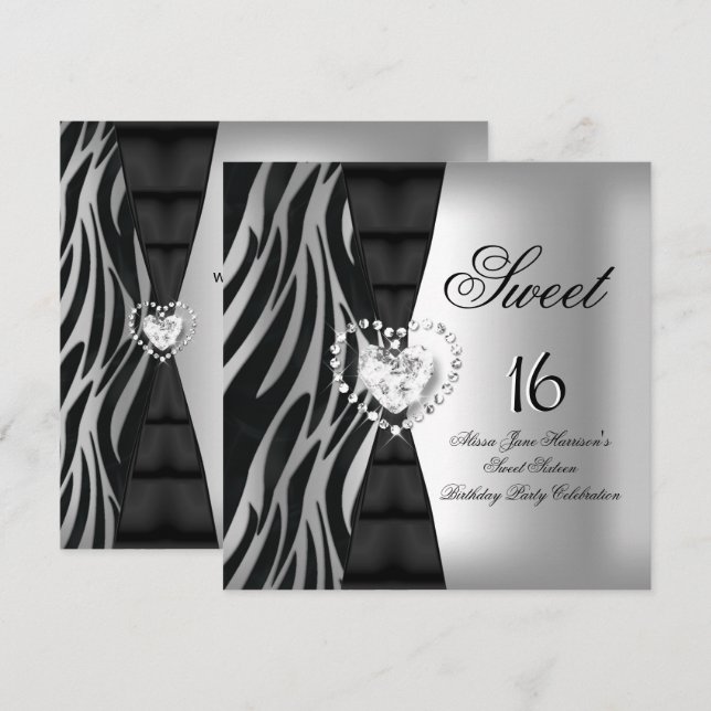 Söt 16 Sexton Födelsedagsfest Zebra Svart Silver Inbjudningar (Fram/baksida)