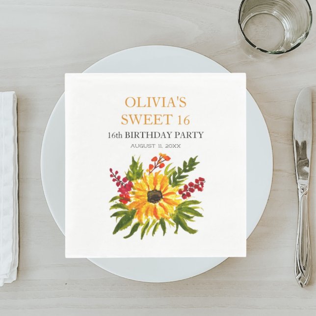 Söt 16 Sexton Födelsedagsfester Solrossen Land Pappersservett (Skapare uppladdad)