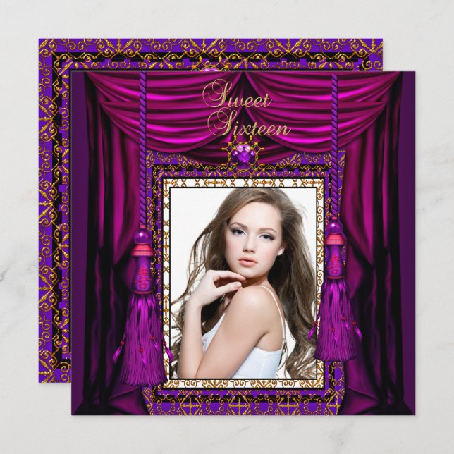 Söt 16 Sexton Födelsedagsfesters Lila Rosa Guld Inbjudningar (Fram/baksida)
