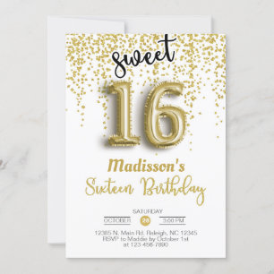 Söt 16 sexton guld-ballongflicka, inbjudan