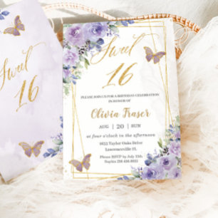Söt 16 Sexton Lila Lilac Blommigt Butterflies Inbjudningar