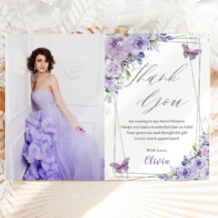 Söt 16 Sexton Lila Lilac Blommigt Butterflies Tack Kort