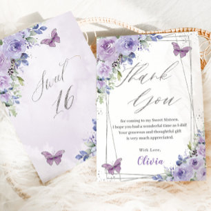Söt 16 Sexton Lila Lilac Blommigt Butterflies Tack Kort