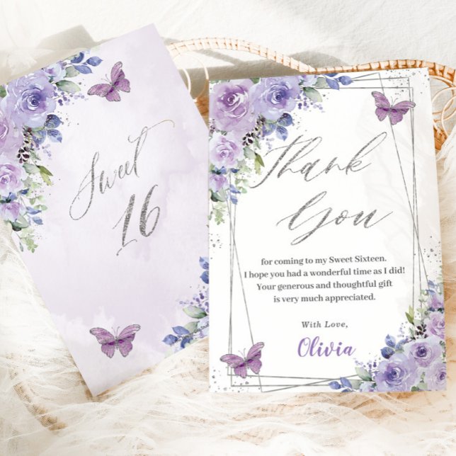 Söt 16 Sexton Lila Lilac Blommigt Butterflies Tack Kort (Skapare uppladdad)