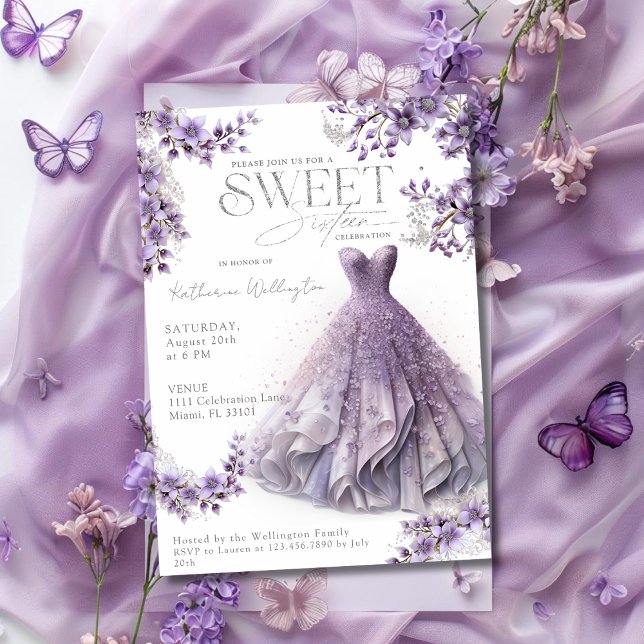 Söt 16 Sexton Lila Lilac Dress Blommigt Inbjudningar (Sweet 16 Sixteen Purple Lilac Dress Floral Invitation)
