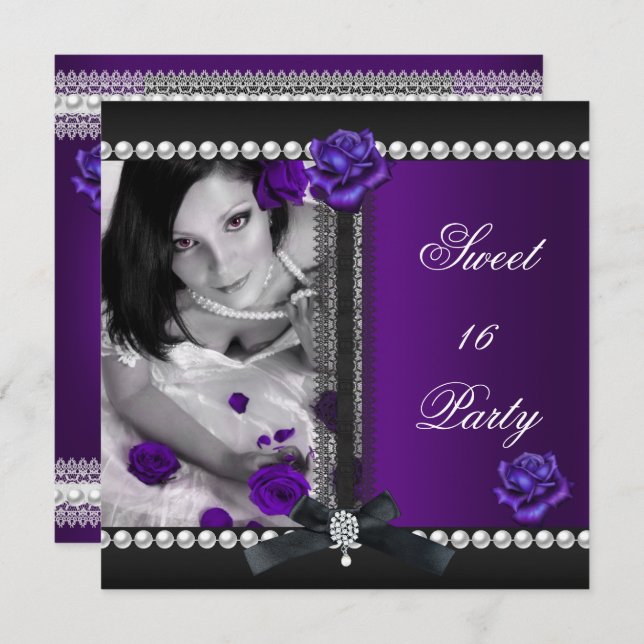 Söt 16 Sexton Lila Ro Black Pearl Inbjudningar (Fram/baksida)