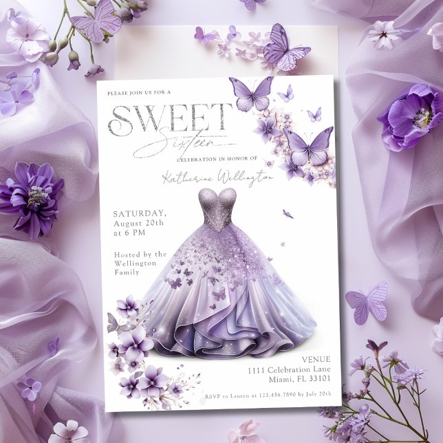 Söt 16 Sexton Lila Syren Blommiga Fjärilar Inbjudningar (Sweet 16 Sixteen Purple Lilac Floral Butterflies Invitation)