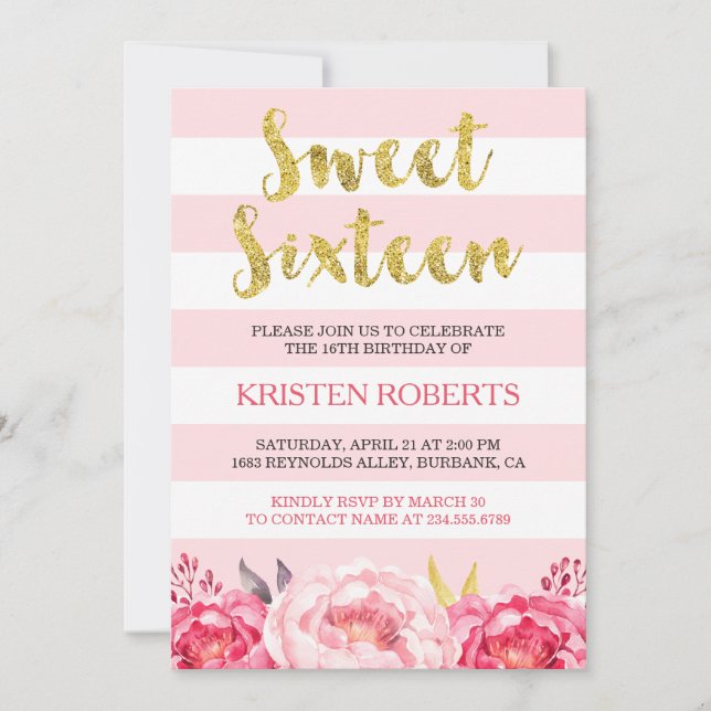Söt 16 (sexton)  Rosa Blommigt Gud Glitter Inbjudningar (Framsida)