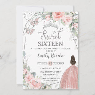 Söt 16 Sexton Rosa Blommigt Silver födelsedag Inbjudningar