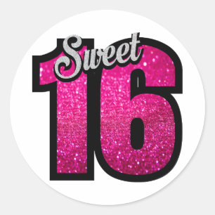 Söt 16 sexton rosa glitter födelsedagsfest flicka runt klistermärke