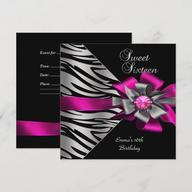 Söt 16 Sexton Rosa Silver Zebra Svart Grå Båge Inbjudningar (Fram/baksida)