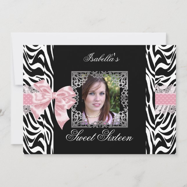 Söt 16 Sexton Rosa Svart Vit Zebra Inbjudningar (Framsida)