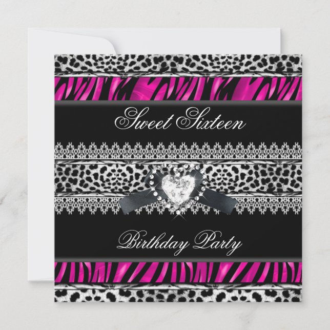 Söt 16 Sexton Sebra Leopard Rosa Svart Diamant Inbjudningar (Framsida)