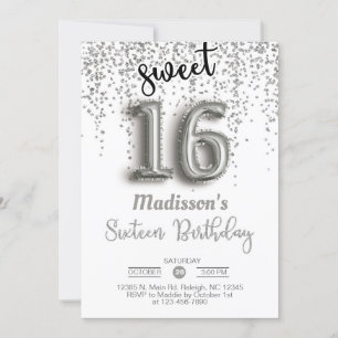 Söt 16 sexton silver-ballonger inbjudan. inbjudningar