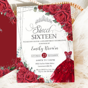 Söt 16 sexton Silver Röd ros Blommigt Dress Inbjudningar