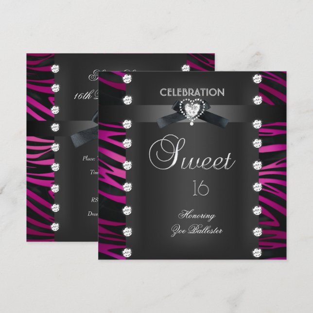Söt 16 Sexton Svart Smoking Rosa Vit Zebra Inbjudningar (Fram/baksida)