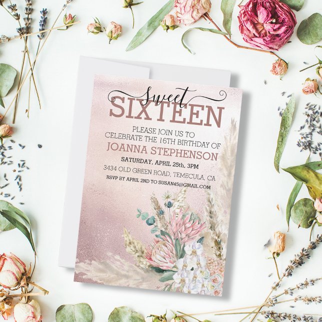 Söt 16 sextonårsfest Pampasgräs Rosa Inbjudningar (Skapare uppladdad)