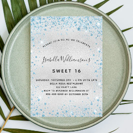 Söt 16 silver blå glitter elegant party inbjudningar