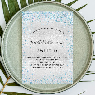 Söt 16 silver blå glitter elegant party inbjudningar