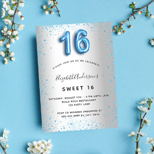Söt 16 silver blå glitter glamorös inbjudningar