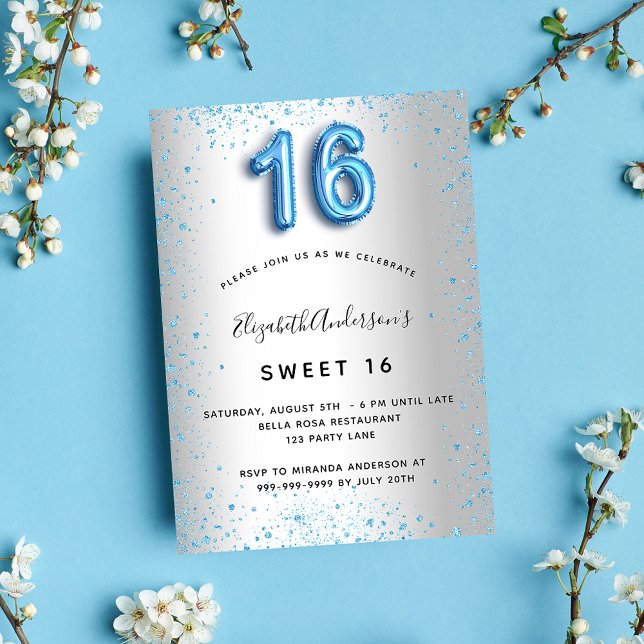 Söt 16 silver blå glitter glamorös inbjudningar (Skapare uppladdad)