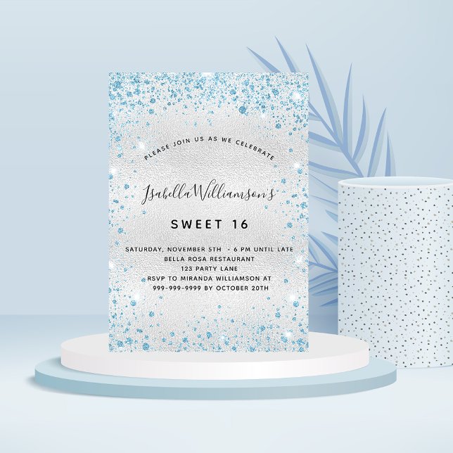 Söt 16 silver blå lyx glitter inbjudningar (Skapare uppladdad)