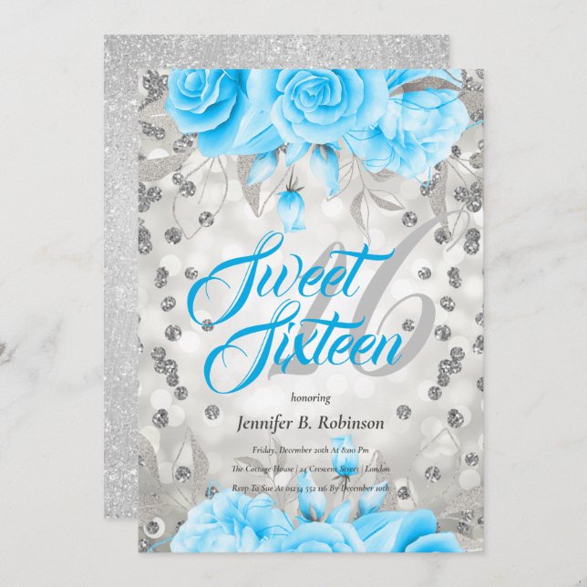 Söt 16 | Silver Blue Blommigt Glitter | Födelsedag Inbjudningar (Fram/baksida)