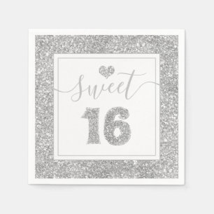Söt 16 Silver Faux Glitter Födelsedagsfest Pappersservett