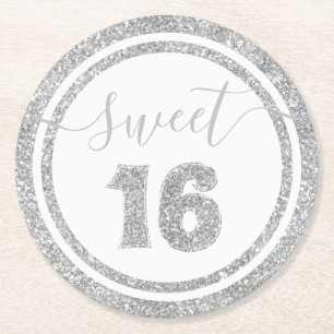Söt 16 Silver Faux Glitter Rand Födelsedagsfest Underlägg Papper Rund