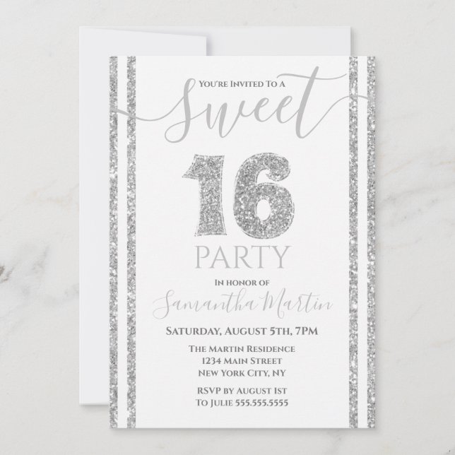 Söt 16 Silver Faux Glitter Stripe Birthday Inbjudningar (Framsida)