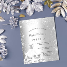 Söt 16 silver-glitter-budgetinbjudan för klänning