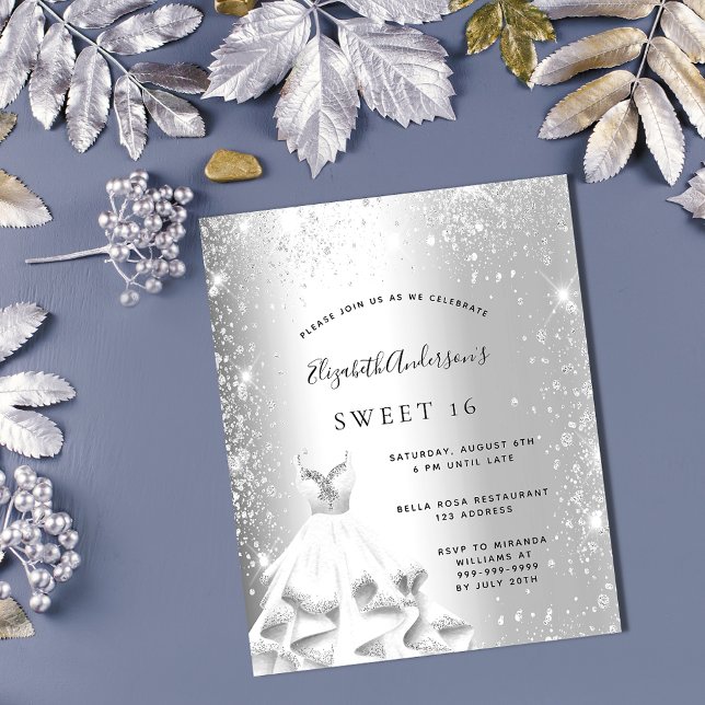 Söt 16 silver-glitter-budgetinbjudan för klänning (Skapare uppladdad)