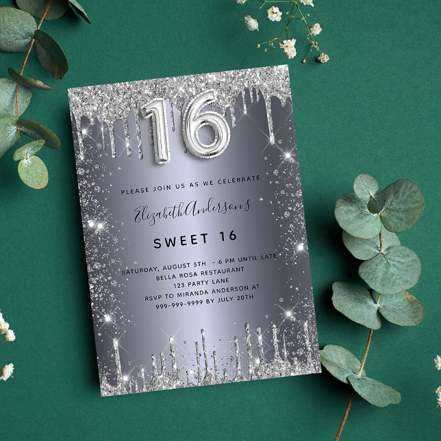 Söt 16 silver glitter droppar lyxolja inbjudningar (Skapare uppladdad)