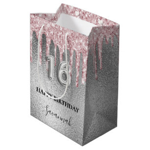 Söt 16 silver glitter droppar rosa monogram 16:e