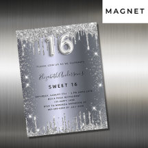 Söt 16 silver glitter-droppinbjudande magnet