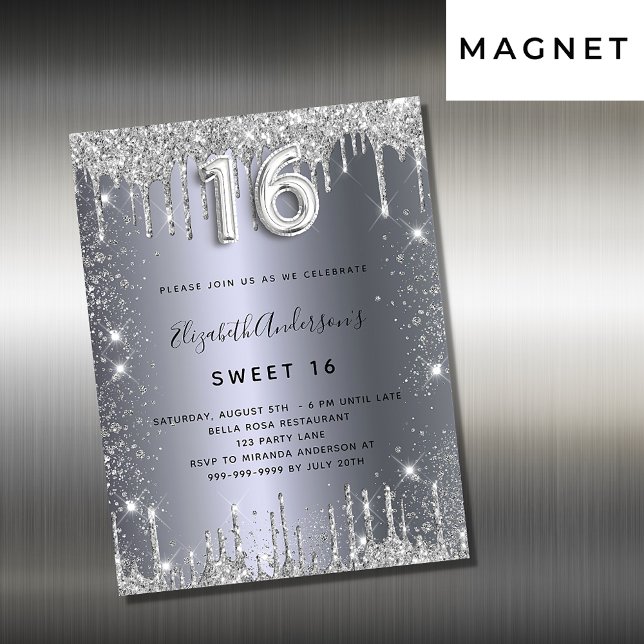 Söt 16 silver glitter-droppinbjudande magnet (Skapare uppladdad)