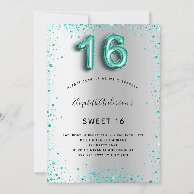 Söt 16 silver-glitter-elegant, glamorös inbjudningar (Framsida)