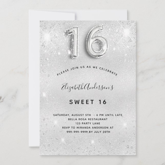 Söt 16 silver glitter glamorös inbjudningar (Framsida)