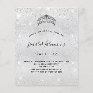 Söt 16 silver glitter tiara-inbjudan