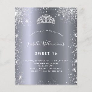 Söt 16 silver glitter tiara-inbjudan