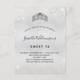 Söt 16 silver glitter tiara inbjudan vykort