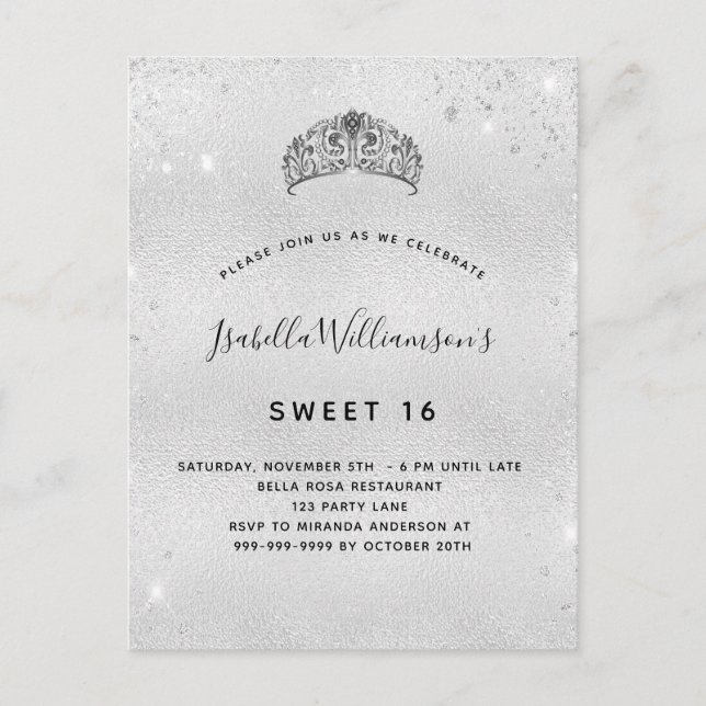 Söt 16 silver glitter tiara inbjudan vykort (Framsida)