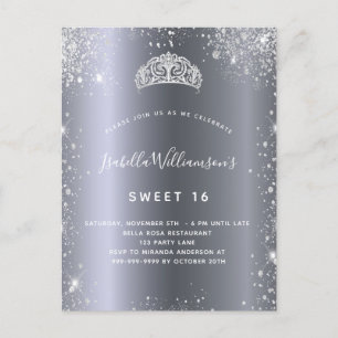 Söt 16 silver glitter tiara inbjudan vykort