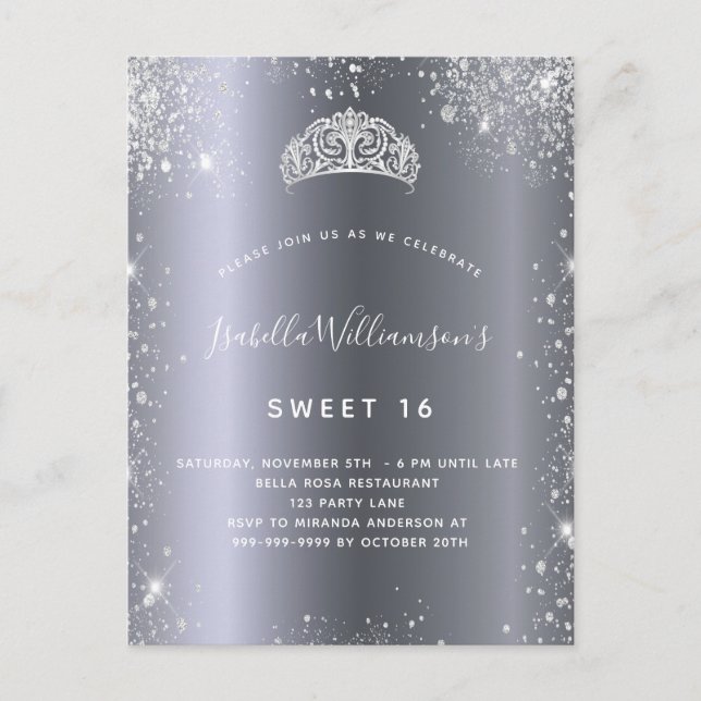 Söt 16 silver glitter tiara inbjudan vykort (Framsida)