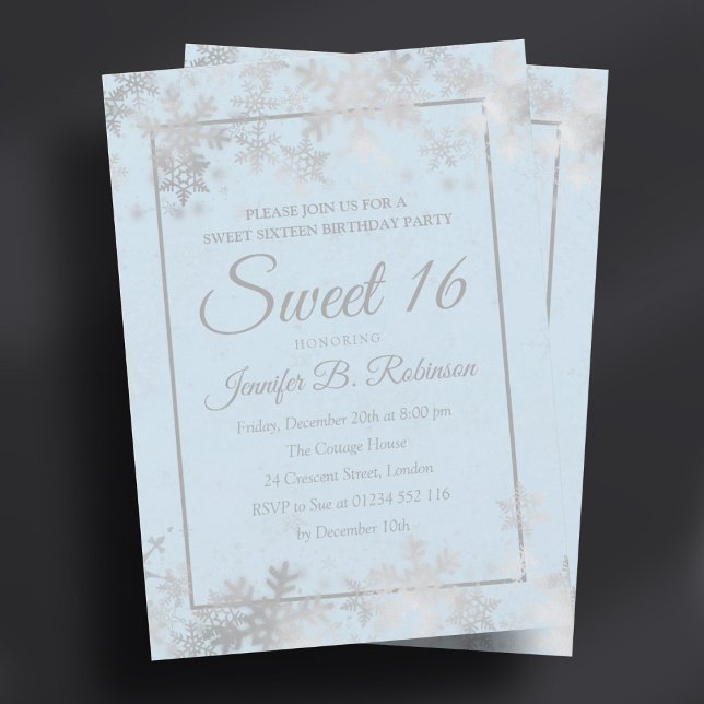 Söt 16 Silver Ice Blue Foil Snöflingor Inbjudningar (Sweet 16 Birthday Silver Ice Blue Foil Snowflakes Invitation)