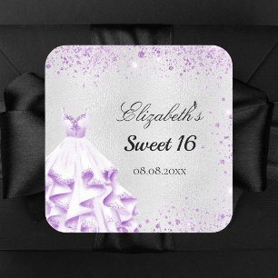Söt 16 silver lila glitter dammklänning namn fyrkantigt klistermärke